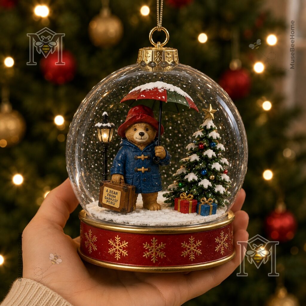 Paddington Bear Christmas Snow Scene Journey Snow Globe Ornament - close-up of base and suitcase