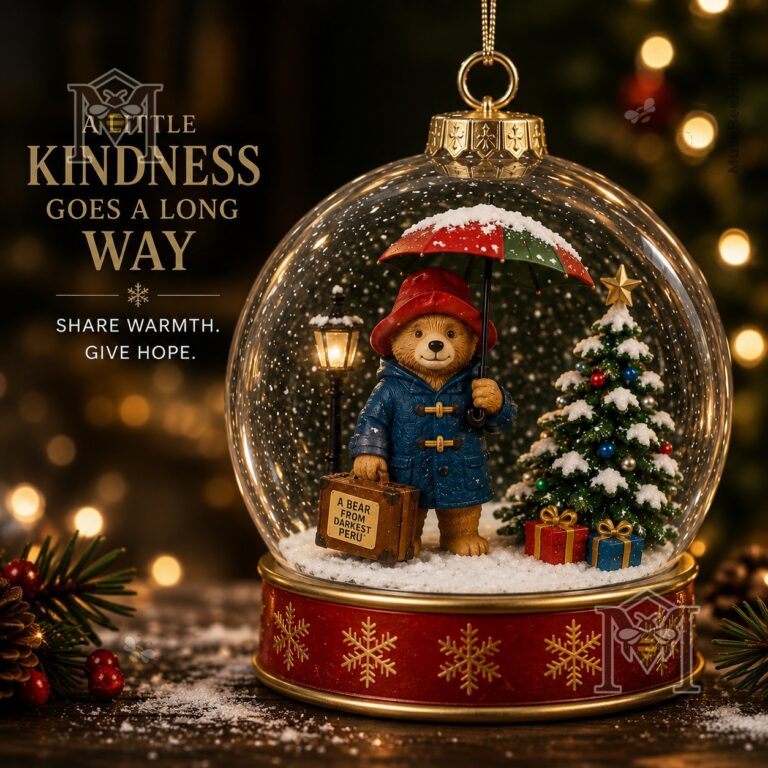 Paddington Bear Christmas Snow Scene Journey Snow Globe Ornament - full view with festive lights