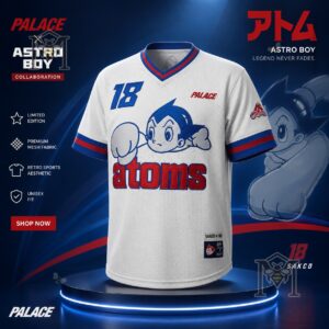 Palace Astro Boy Ebbets Field Flannels Sankei Atoms Baseball Jersey displayed on a podium