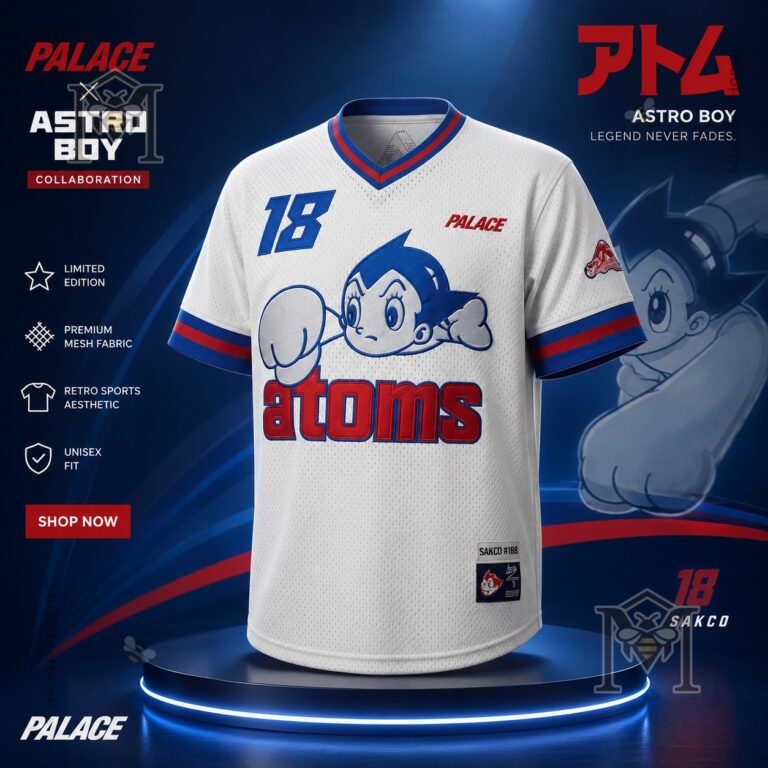 Palace Astro Boy Ebbets Field Flannels Sankei Atoms Baseball Jersey displayed on a podium