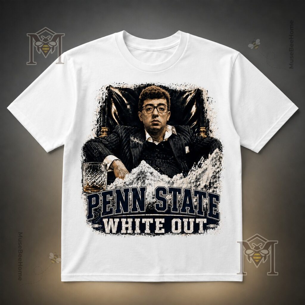 Penn State Nittany Lions Pablo Pledgescobar White Out T-Shirt – Full front view on a Penn State Nittany Lions Pablo Pledgescobar White Out T-Shirt - full front view on a dark background