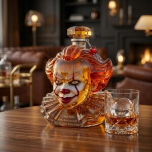 Pennywise 40th Anniversary 2026 Whiskey Decanter - close-up of the clown's face and hair
