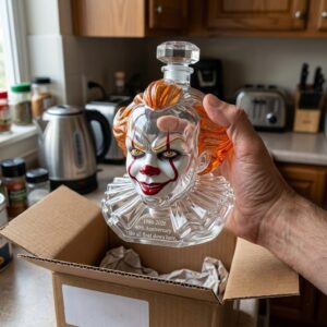 Pennywise 40th Anniversary 2026 Whiskey Decanter - close-up showing the stopper and cherry charm