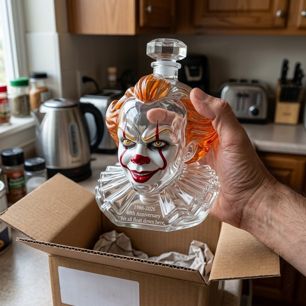 Pennywise 40th Anniversary 2026 Whiskey Decanter - close-up showing the stopper and cherry charm