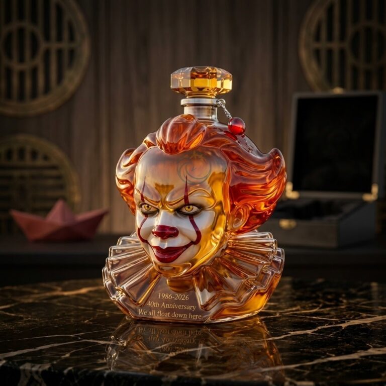 Pennywise 40th Anniversary 2026 Whiskey Decanter - front view on a marble surface