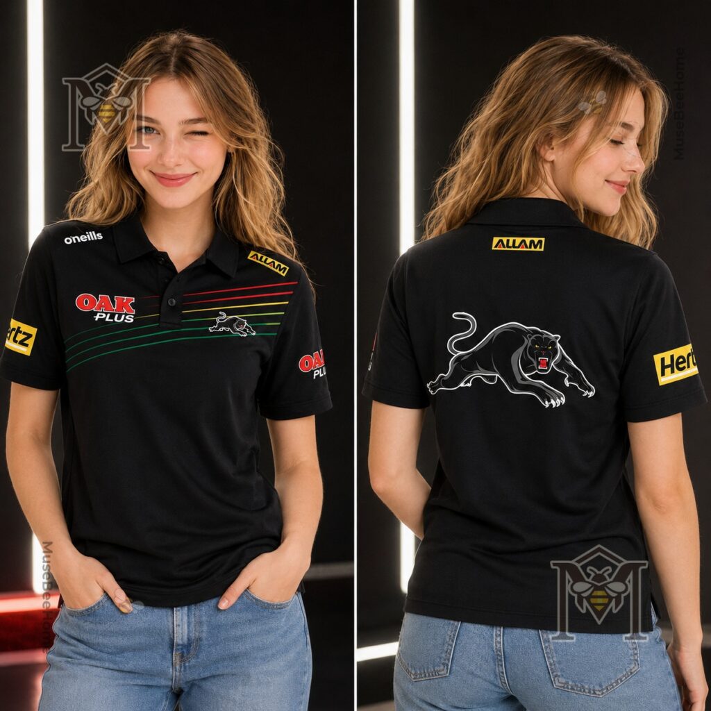 Penrith Panthers 2026 Ivan Cleary Black Polo - close-up of back and racing flag background