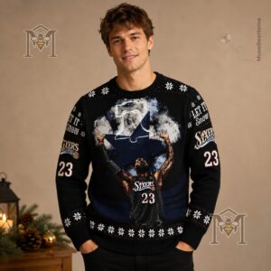 Philadelphia 76ers LeBron James Ugly Christmas Sweater - close-up on left chest and sleeve