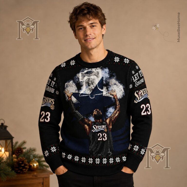 Philadelphia 76ers LeBron James Ugly Christmas Sweater - close-up on left chest and sleeve