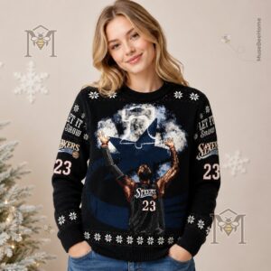 Philadelphia 76ers LeBron James Ugly Christmas Sweater - close-up on right chest and sleeve