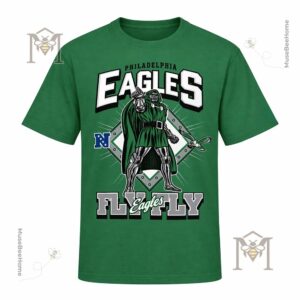 Philadelphia Eagles Doctor Doom Marvel T-Shirt - close-up of top left design on green shirt