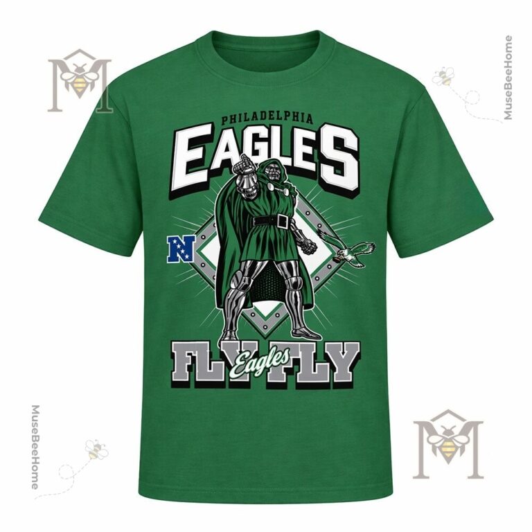 Philadelphia Eagles Doctor Doom Marvel T-Shirt - close-up of top left design on green shirt