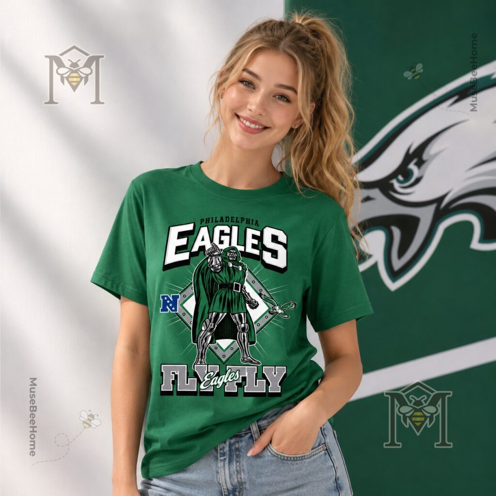Philadelphia Eagles Doctor Doom Marvel T-Shirt - close-up of top right design on green shirt