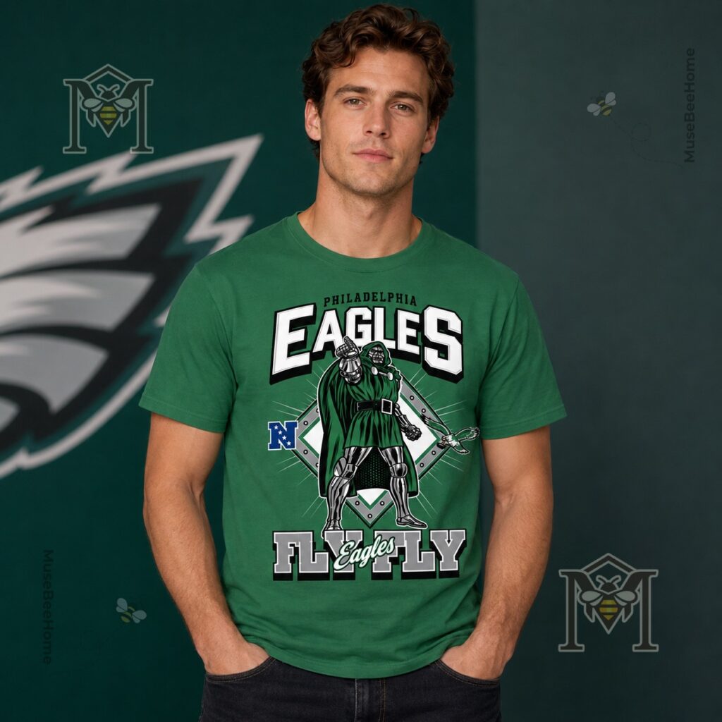 Philadelphia Eagles Doctor Doom Marvel T-Shirt - close-up of bottom left design on green shirt