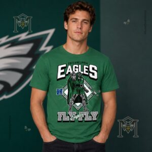Philadelphia Eagles Doctor Doom Marvel T-Shirt - close-up of bottom left design on green shirt