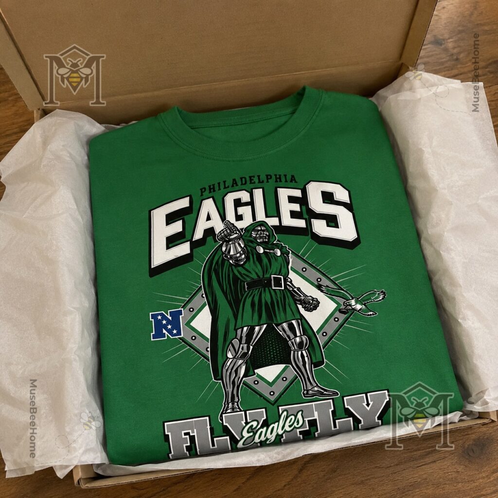 Philadelphia Eagles Doctor Doom Marvel T-Shirt - close-up of bottom right design on green shirt