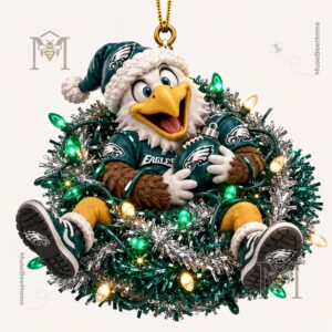 Philadelphia Eagles Mascot Christmas 2026 Ornament - close-up of Swoop's face and Santa hat