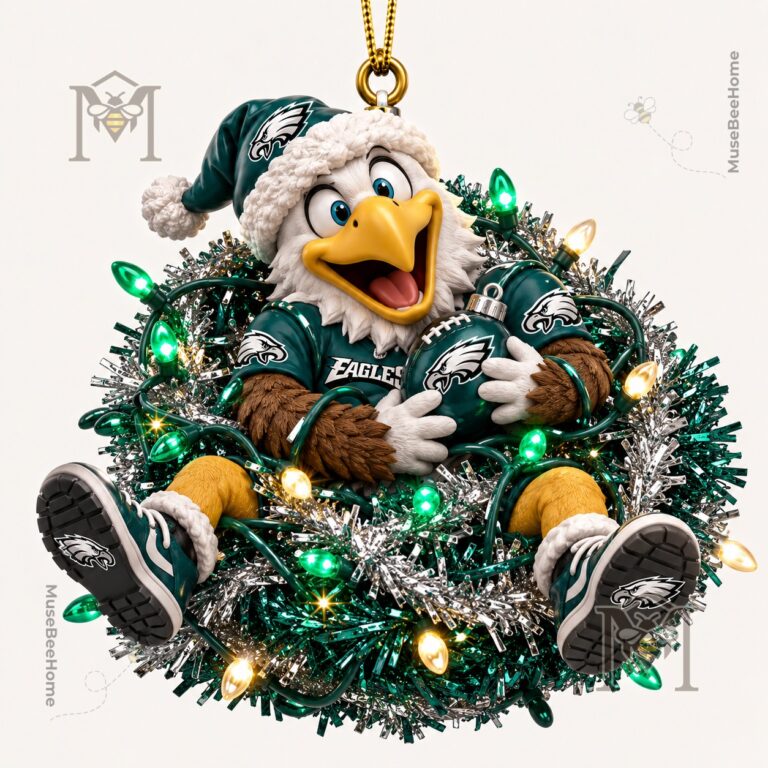 Philadelphia Eagles Mascot Christmas 2026 Ornament - close-up of Swoop's face and Santa hat