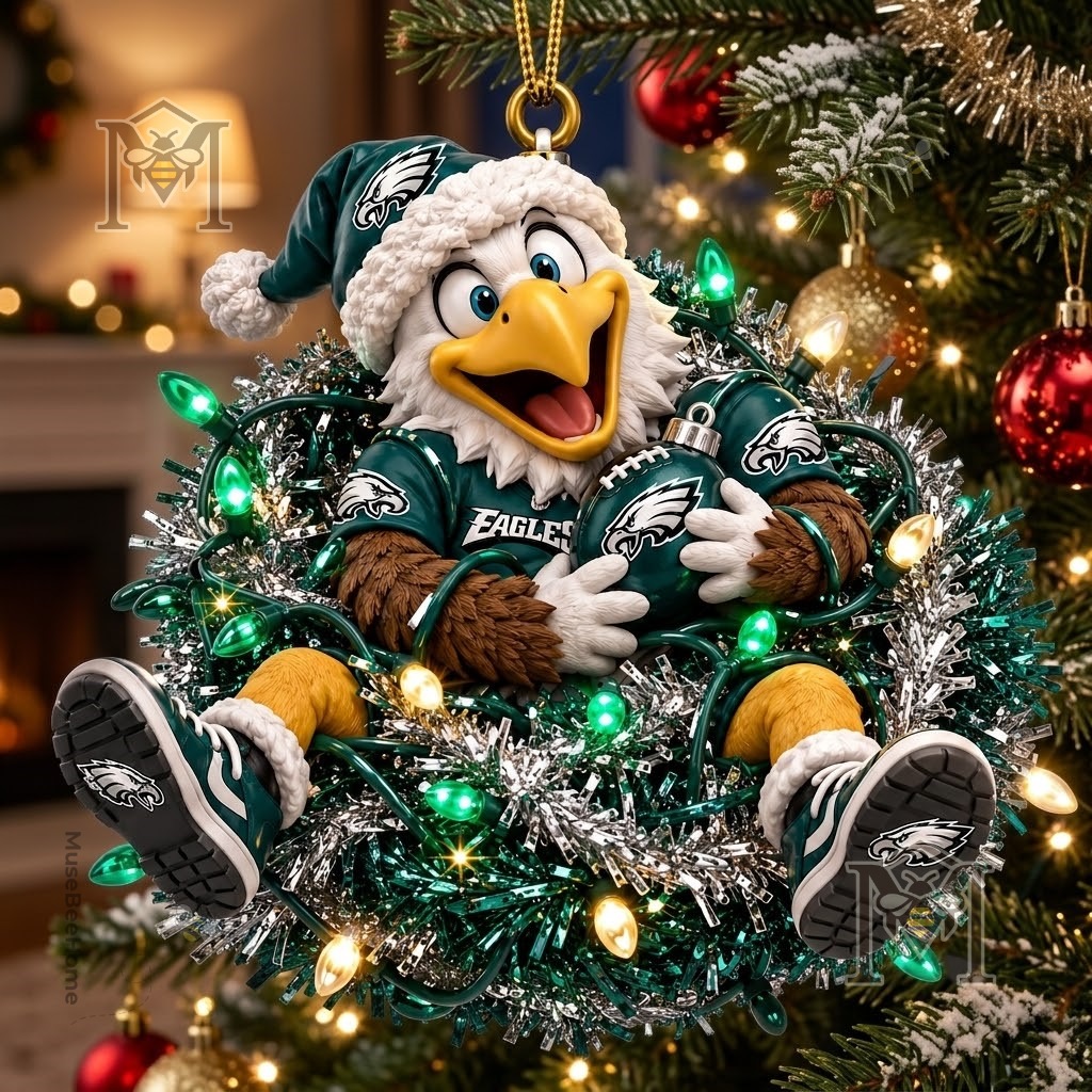 Philadelphia Eagles Mascot Christmas 2026 Ornament - detailed view of Swoop holding the football