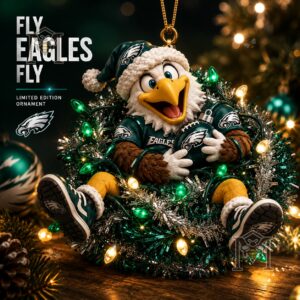 Philadelphia Eagles Mascot Christmas 2026 Ornament - full view with 'Fly Eagles Fly' text