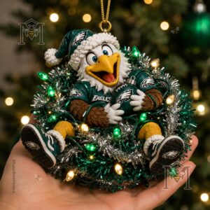 Philadelphia Eagles Mascot Christmas 2026 Ornament - close-up of Swoop's feet with logo on shoes