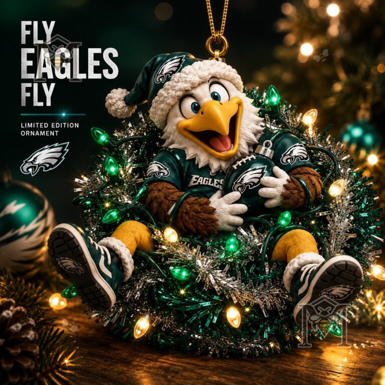 Philadelphia Eagles Mascot Christmas 2026 Ornament - full view with 'Fly Eagles Fly' text