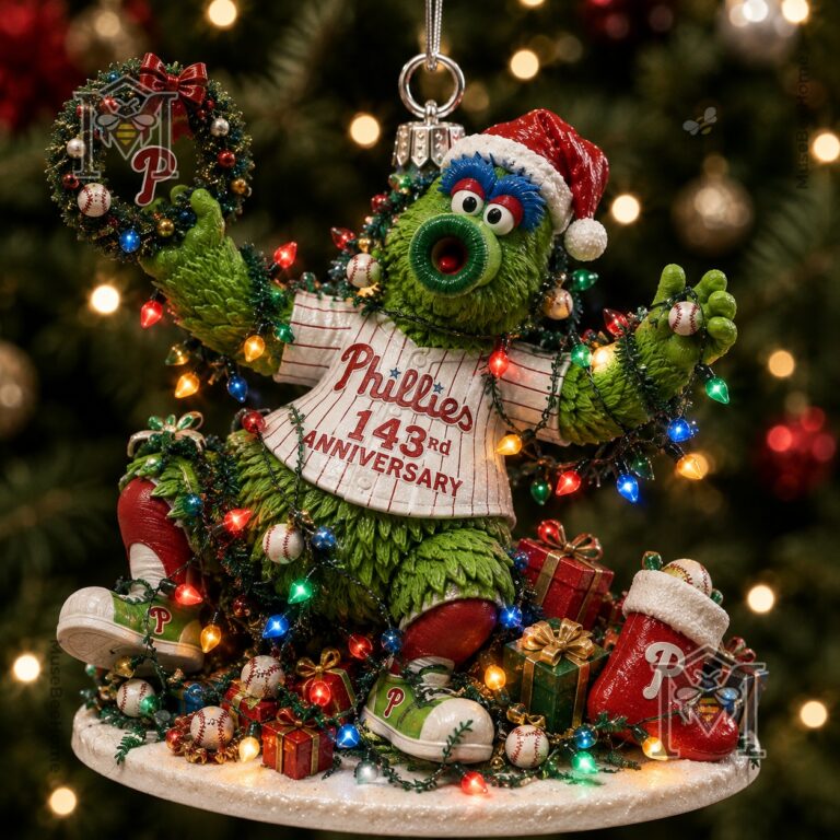 Philadelphia Phillies 143rd Anniversary Christmas Ornament 2026 - close up of text and Phanatic's wreath
