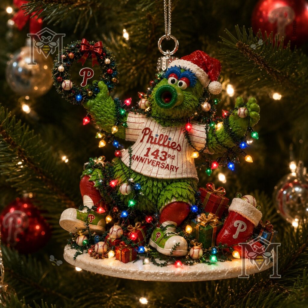 Philadelphia Phillies 143rd Anniversary Christmas Ornament 2026 - close up of Phanatic's face and colorful