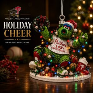 Philadelphia Phillies 143rd Anniversary Christmas Ornament 2026 - full display with festive background
