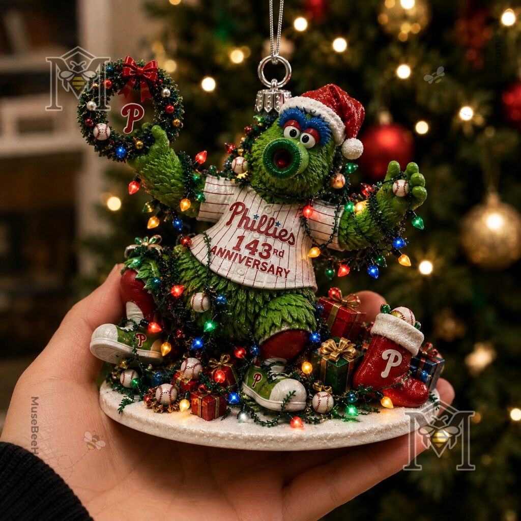 Philadelphia Phillies 143rd Anniversary Christmas Ornament 2026 - close up of base with gifts and stocking