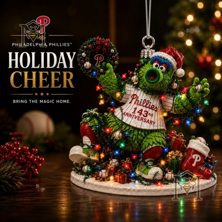 Philadelphia Phillies 143rd Anniversary Christmas Ornament 2026 - full display with festive background