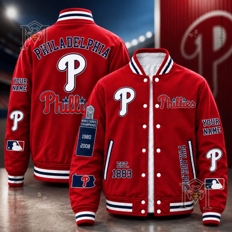 Philadelphia Phillies World Series Champions Custom Name Bomber Jacket - back view close-up