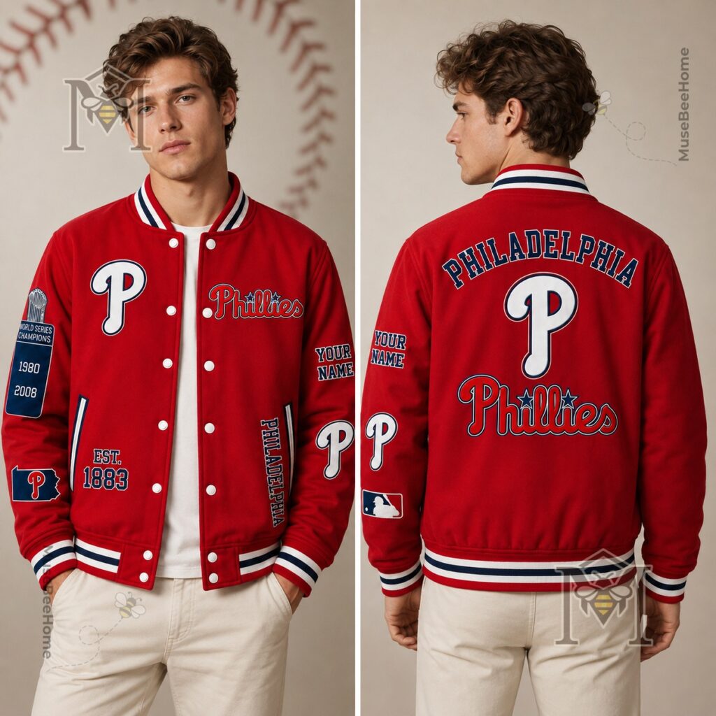 Philadelphia Phillies World Series Champions Custom Name Bomber Jacket - front chest detail