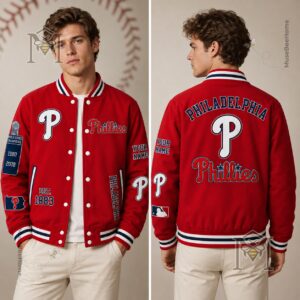 Philadelphia Phillies World Series Champions Custom Name Bomber Jacket - front chest detail