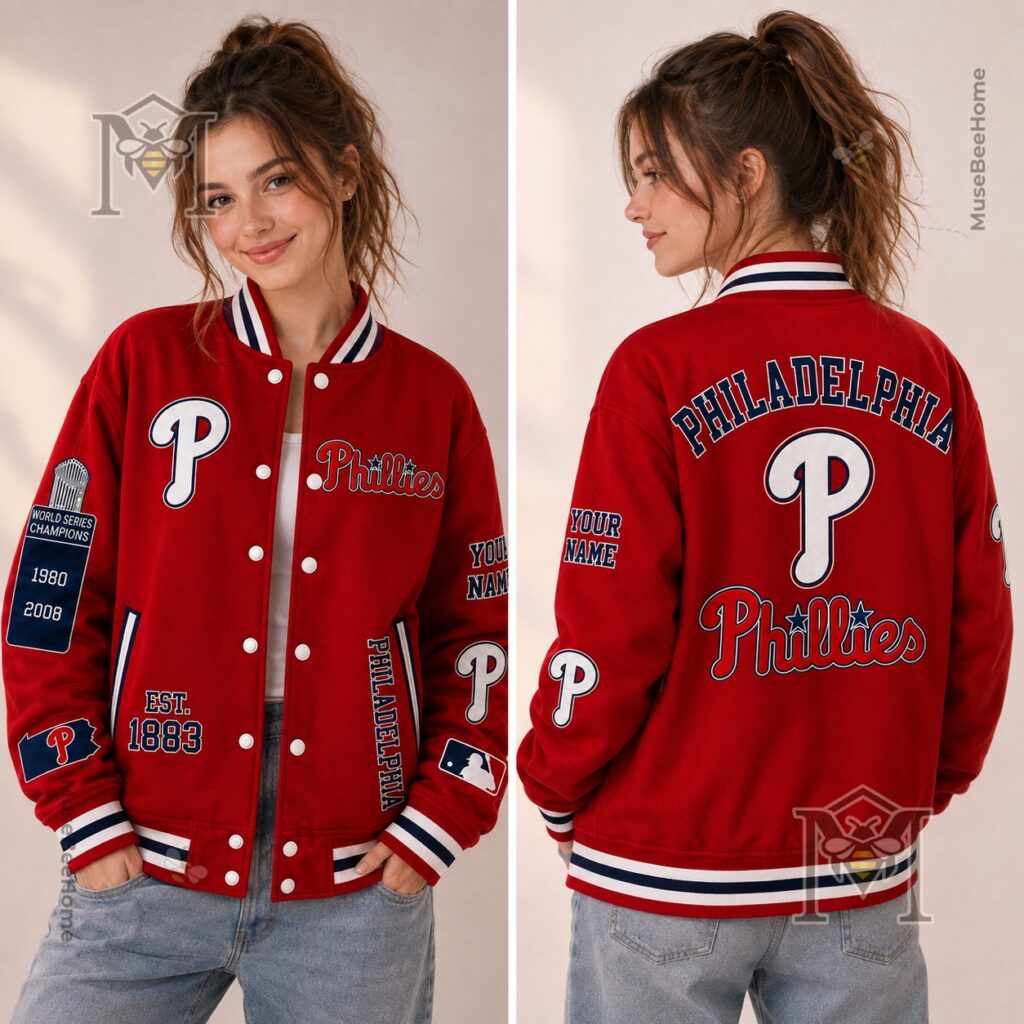 Philadelphia Phillies World Series Champions Custom Name Bomber Jacket - sleeve patches detail