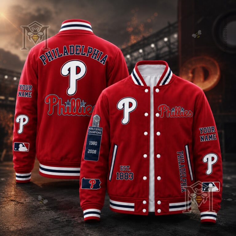 Philadelphia Phillies World Series Champions Custom Name Bomber Jacket - front and back view