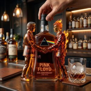 Pink Floyd 60th Anniversary Whiskey Bottle - close-up of the prism and handshake