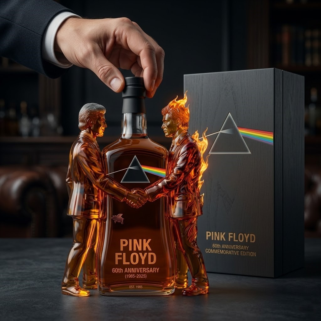 Pink Floyd 60th Anniversary Whiskey Bottle - close-up showing the fiery figure and bottle top