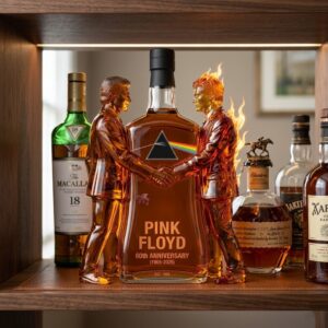 Pink Floyd 60th Anniversary Whiskey Bottle - full view on a wooden bar shelf