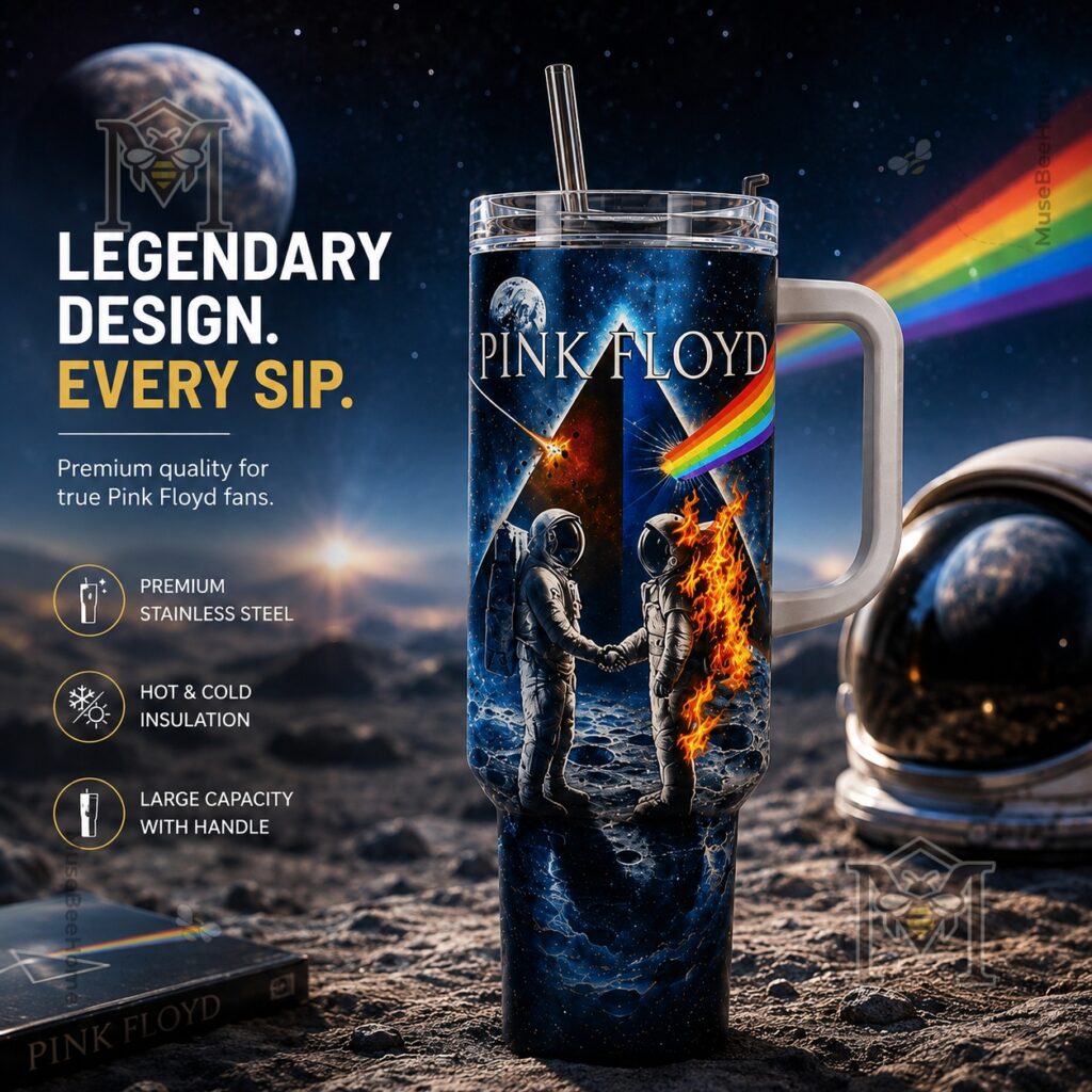 Pink Floyd Dark Side of the Moon Tumbler with Handle – Full view on moon surface Pink Floyd Dark Side of the Moon Tumbler with Handle - full view on moon surface