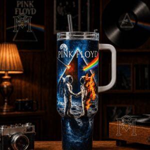 Pink Floyd Dark Side of the Moon Tumbler with Handle - top section with "Legendary Design" text