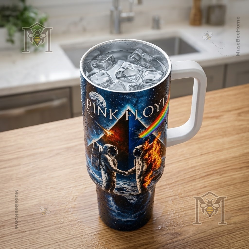 Pink Floyd Dark Side of the Moon Tumbler with Handle - mid-section showing handle and rainbow