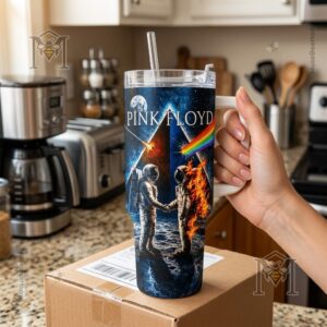 Pink Floyd Dark Side of the Moon Tumbler with Handle - bottom section with product features