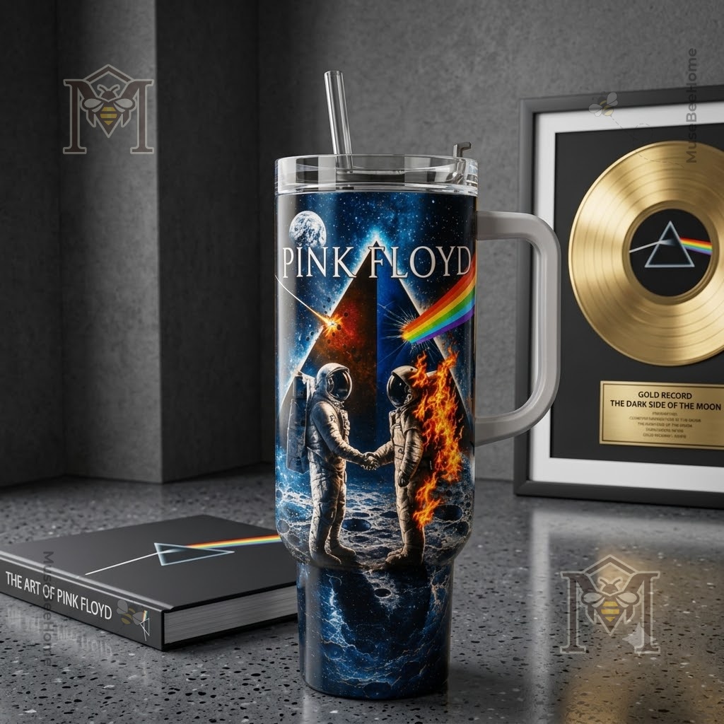Pink Floyd Dark Side of the Moon Tumbler with Handle - lower section showing astronauts and handle