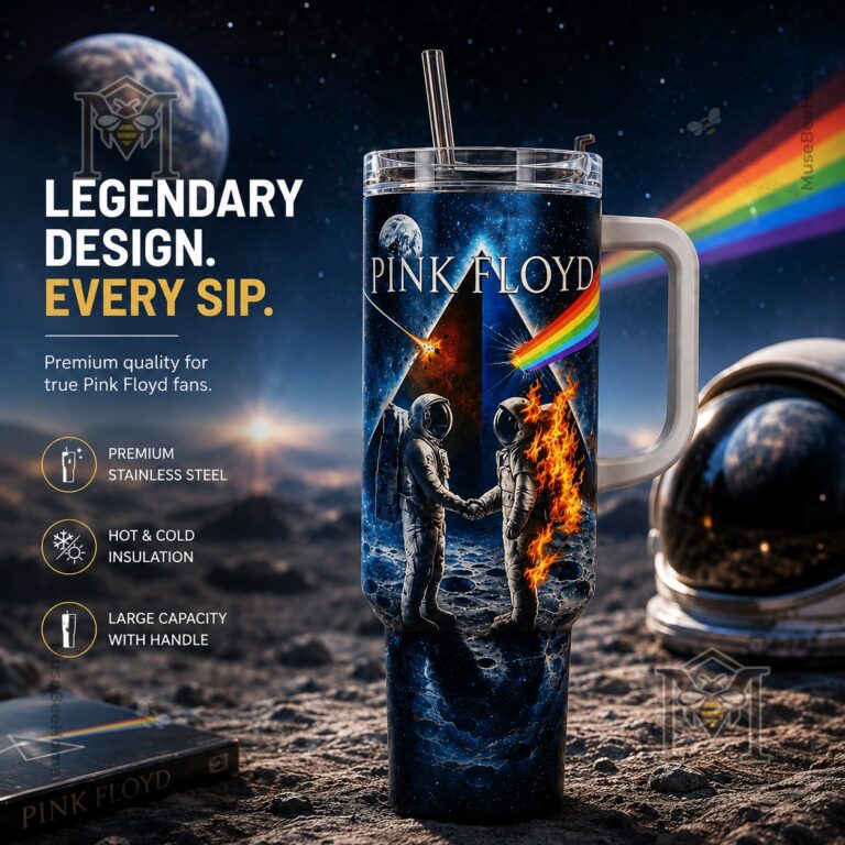 Pink Floyd Dark Side of the Moon Tumbler with Handle - full view on moon surface