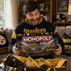 Pittsburgh Steelers Heinz Tailgate Monopoly Board Game - game box, Terrible Towel tin, and game cards close-up
