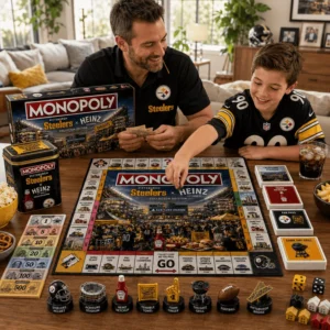 Pittsburgh Steelers Heinz Tailgate Monopoly Board Game - game box, stadium diorama, and game cards close-up