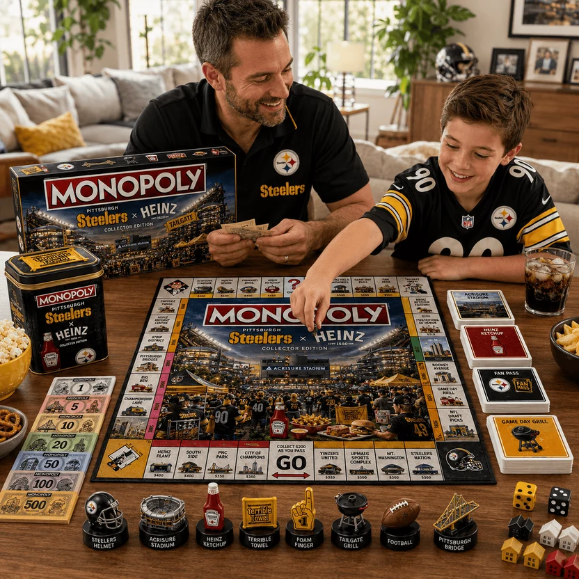 Pittsburgh Steelers Heinz Tailgate Monopoly Board Game - game box, stadium diorama, and game cards close-up