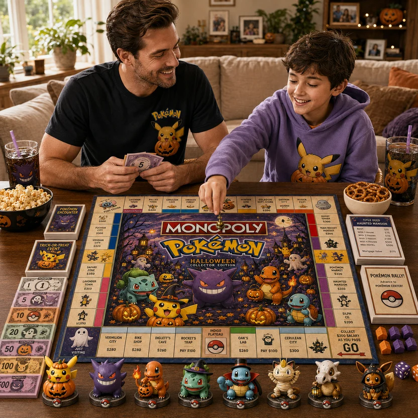 Pokémon Halloween Board Game - game box, lantern, and ghost tokens
