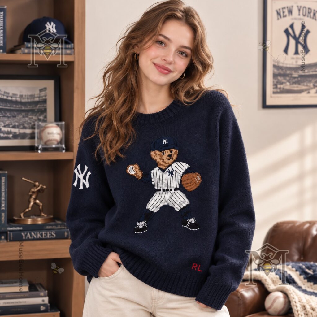 Polo Ralph Lauren New York Yankees Bear Sweater - detail of the sleeve with 'NY' logo