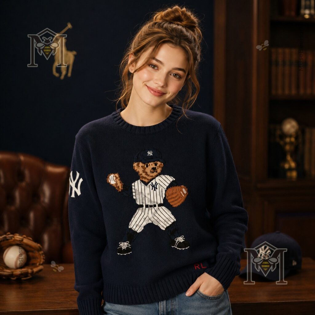 Polo Ralph Lauren New York Yankees Bear Sweater - bottom front showing 'RL' embroidery and cap
